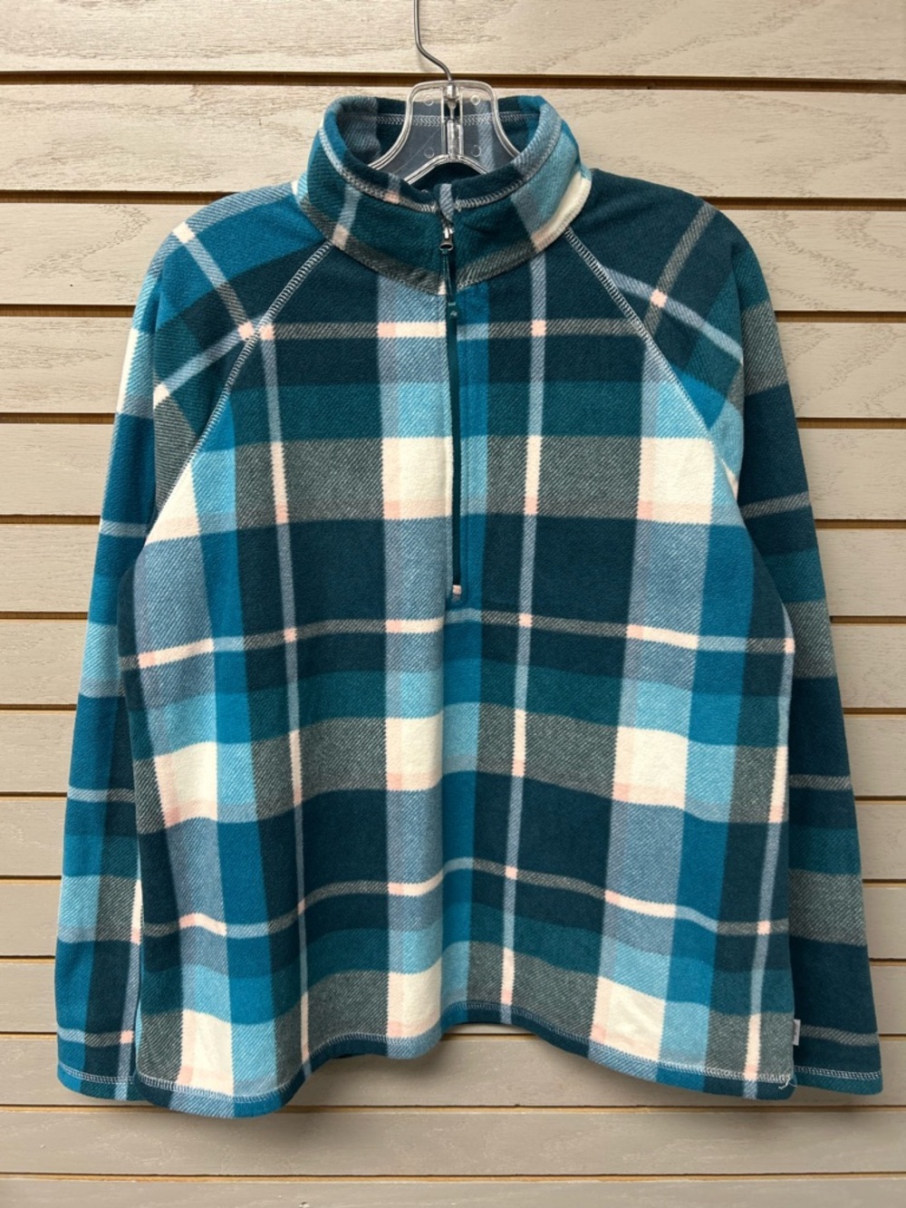 Eddie Bauer Teal and White Plaid Half-Zip Fleece Pullover